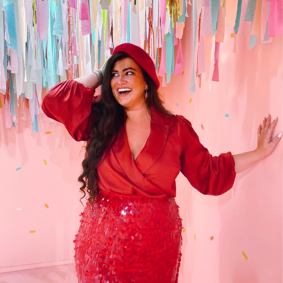 Eloquii Tops - Silky Red Collared ELOQUII Bodysuit